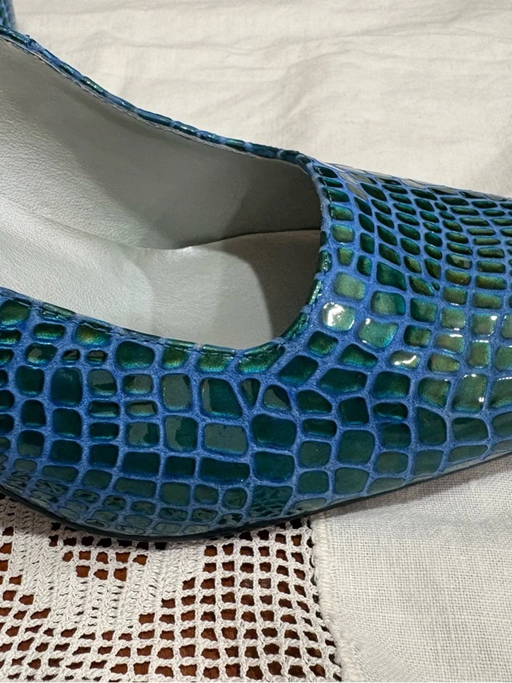 Bellini Blue and Green Leather Croc-Embossed Glossy Square Toe Pumps - Picture 4 of 5